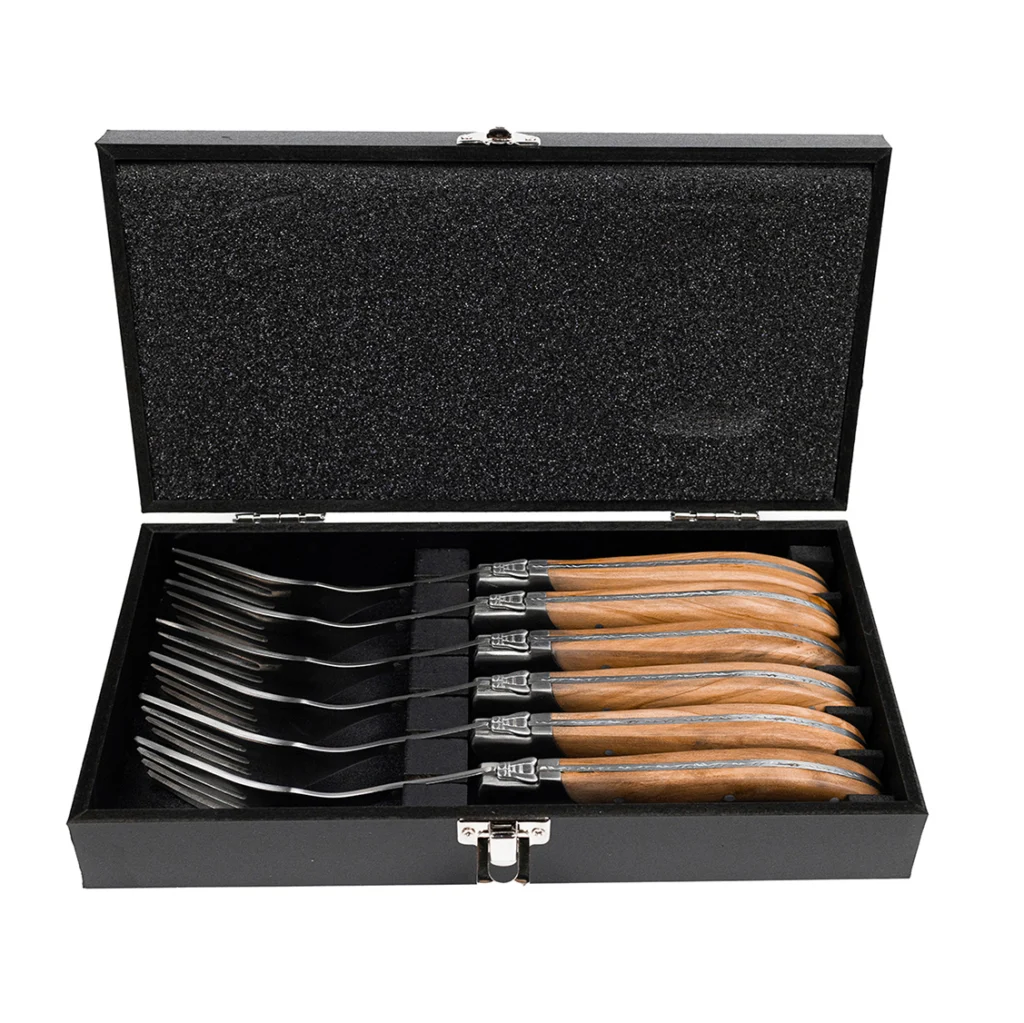 Six Laguiole Du Monde Exclusive olive wood forks in a black gift case