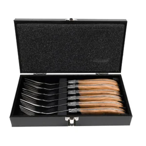 Six Laguiole Du Monde Exclusive olive wood forks in a black gift case