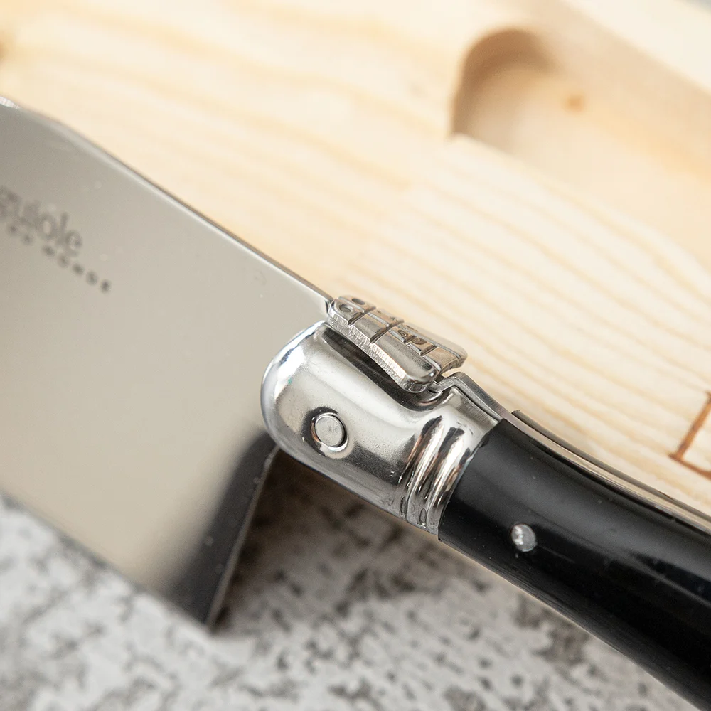 Close-up of the cheese cleaver from the Laguiole Du Monde Affordable cheese set