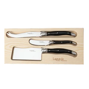 Laguiole Du Monde Affordable cheese set of 3 with black handles in a wooden box