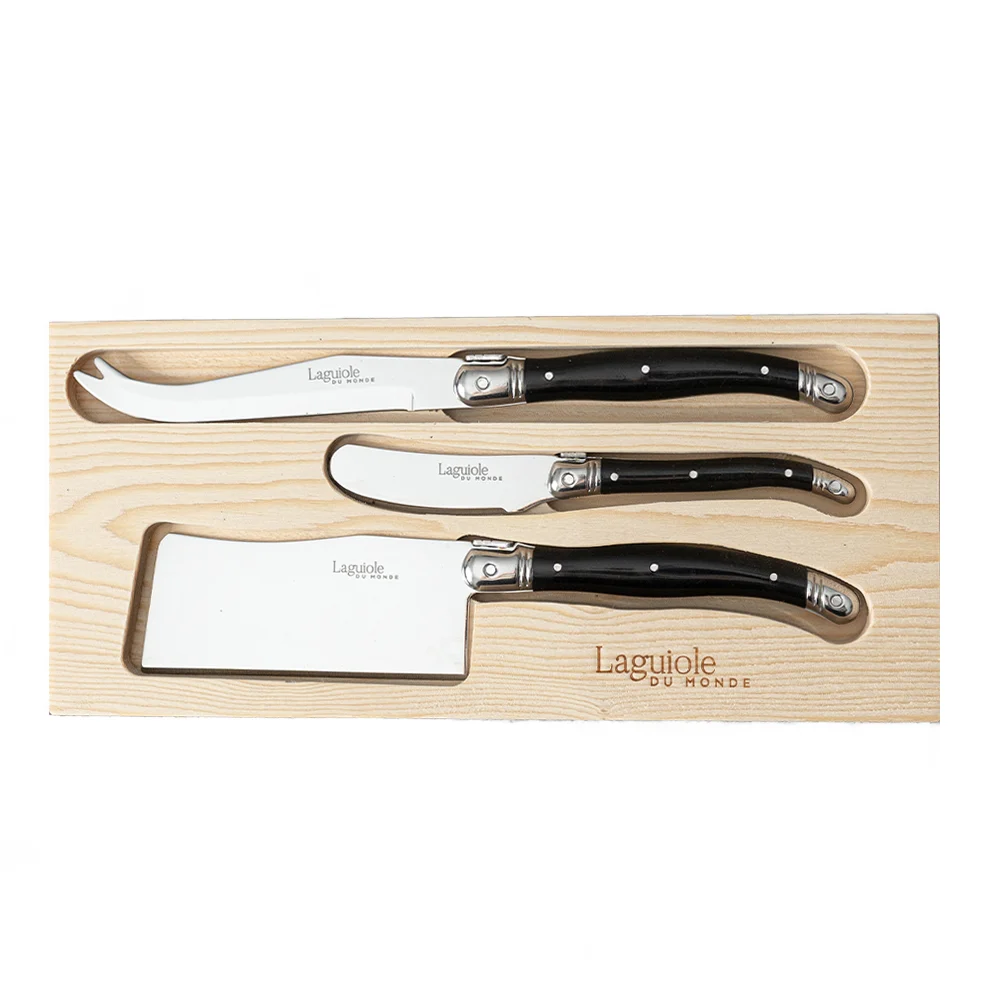 Laguiole Du Monde Affordable cheese set of 3 with black handles in a wooden box